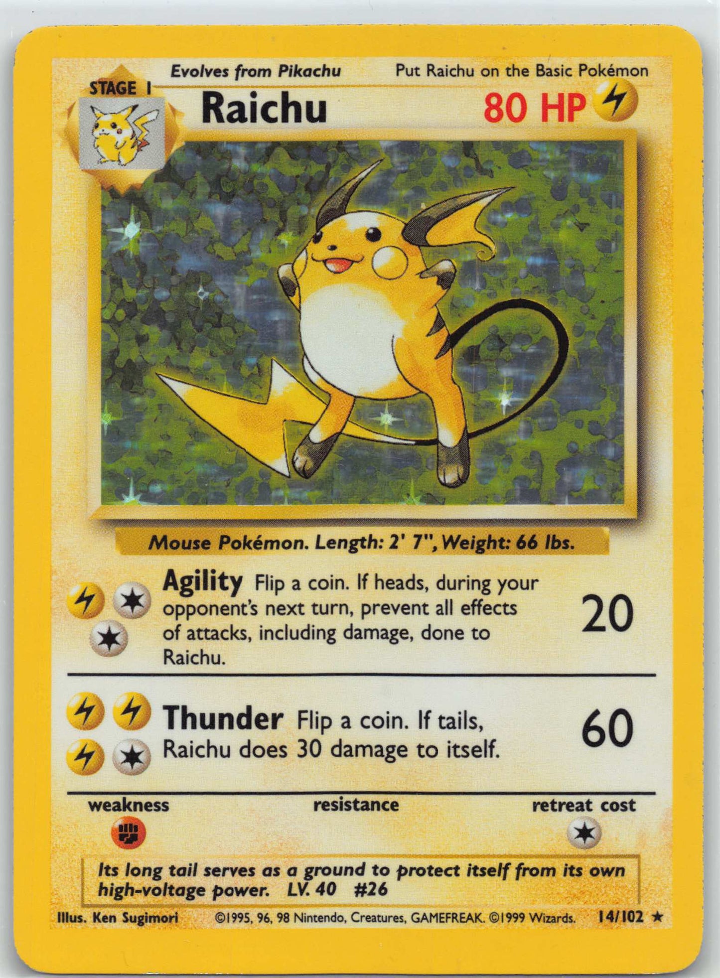 1999 POKEMON BASE SET UNLIMITED #14/102 RAICHU-HOLO
