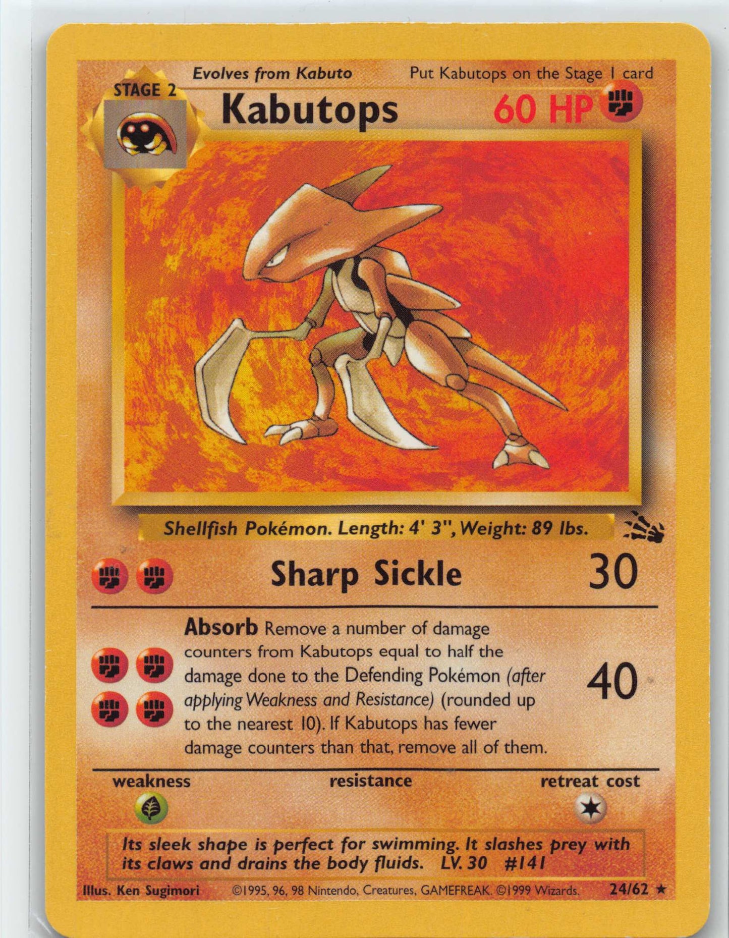 1999 Pokemon Card Kabutops 24/62 Fossil Set WOTC Non Holo Rare Light Play